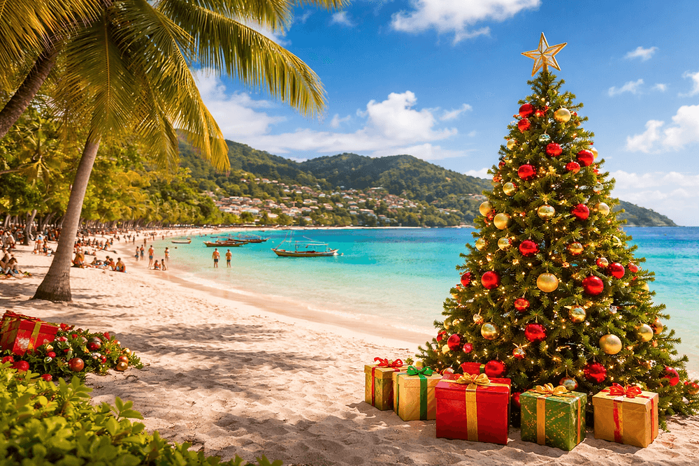 Christmas tree with presents on a tropical Caribbean beach