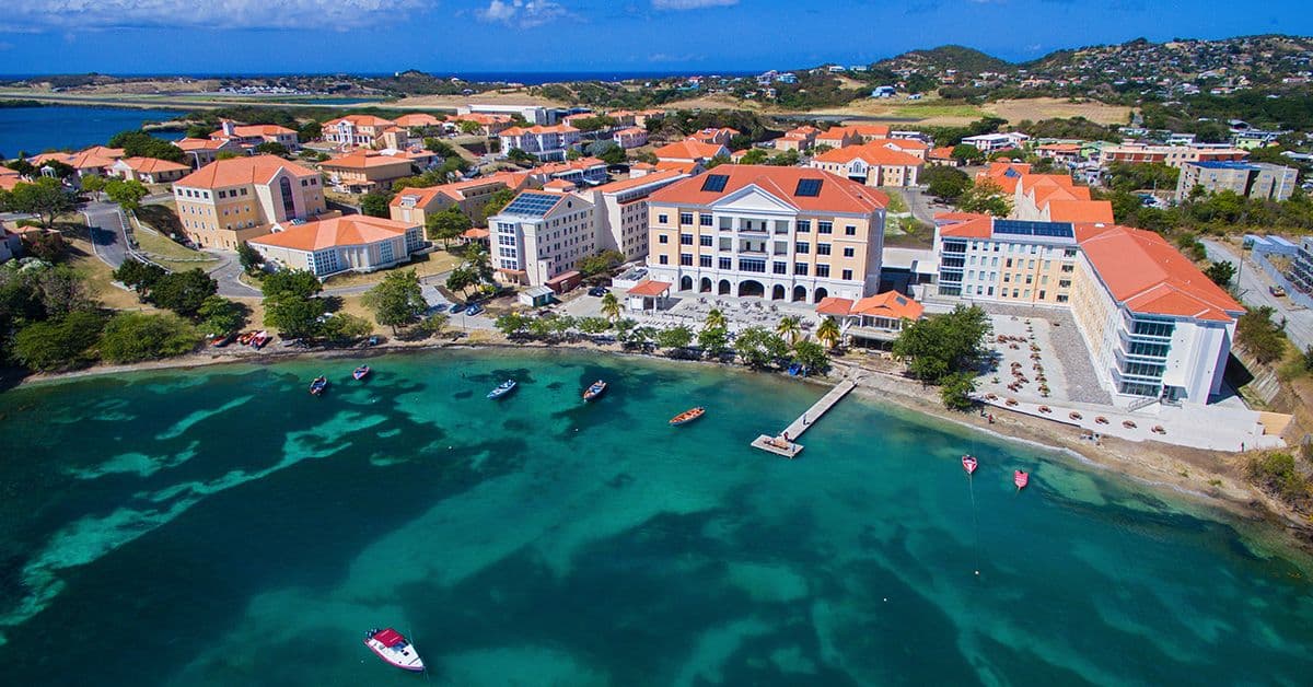 Aerial view of St. George's University campus in Grenada
