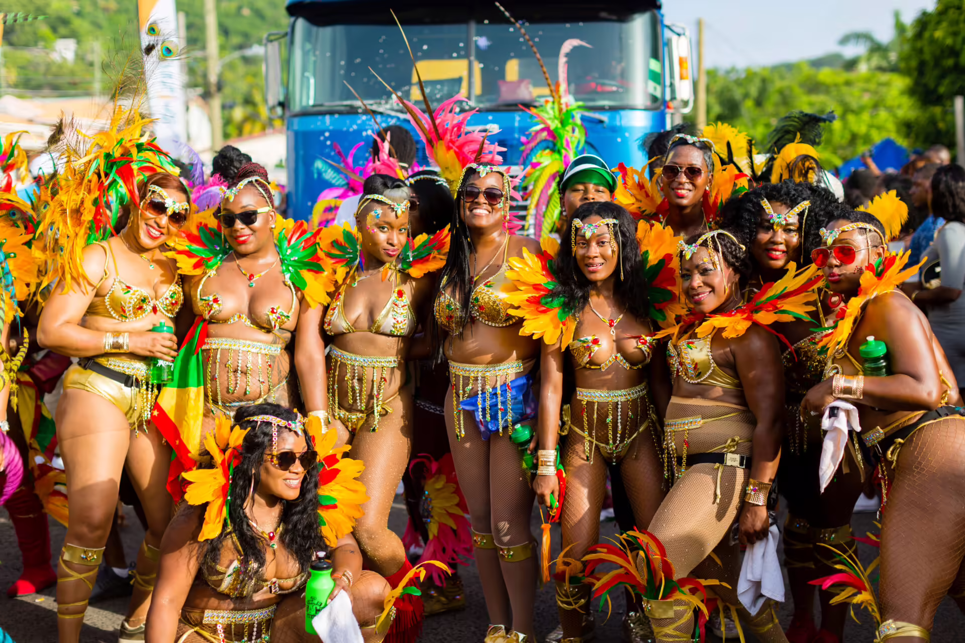 Colorful Spicemas Carnival celebration in Grenada with masqueraders